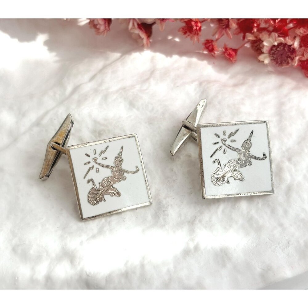Siam Sterling White Guilloche Square Nielloware Vintage Thai Made 925 Cufflinks